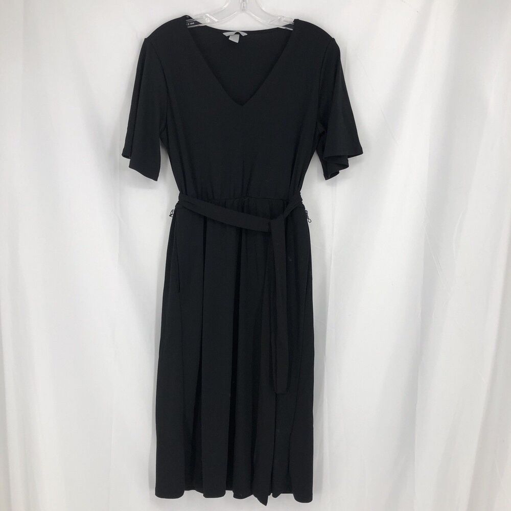 H&M Black V-Neck Short Sleeve Waist Tie Sash Mini Dress, Sz Small